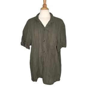 Old Navy Linen Blend Lightweight Forest Green Patterned Men Button Down Shirt R6